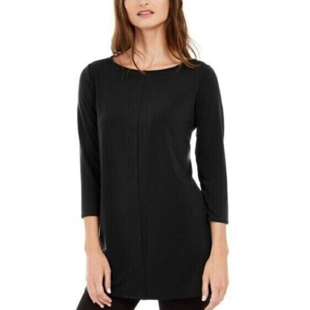 Alfani Petite Black 3/4 Sleeve Tunic Top With Curved Hem, NWT, PM
